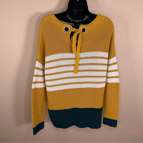 LARGE CHRISTOPHER AND BANKS SWEATER LONG SLEEVE YELLOW GREEN COTTON BLEND - Picture 8 of 12